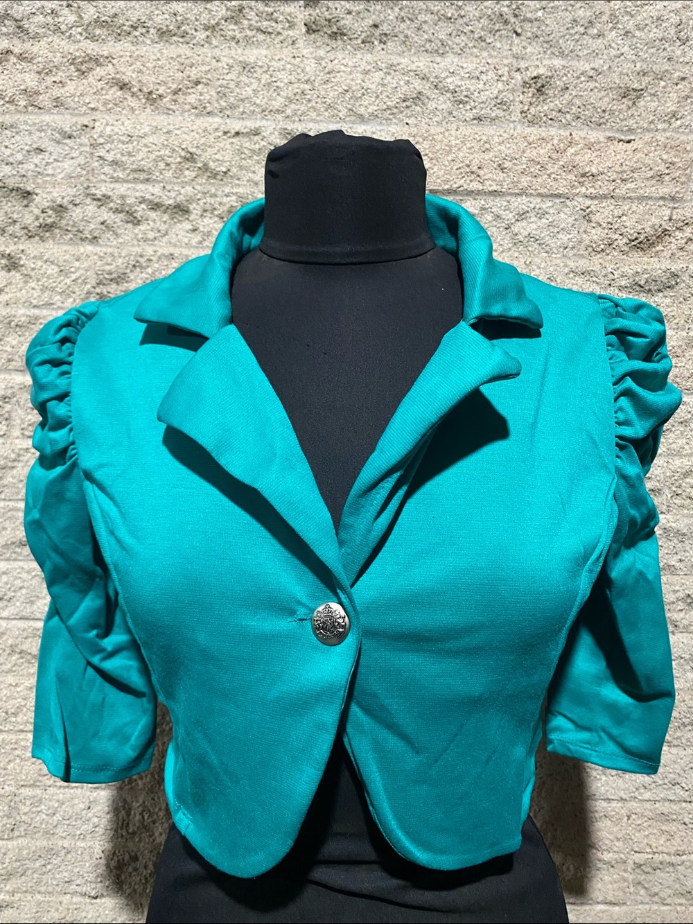 Dots Teal Puff-Sleeve Cropped Blazer